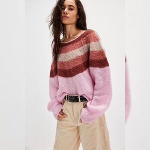 Free People Foxy Baby Alpaca Pullover Sweater in Pink‎ Combo NWT